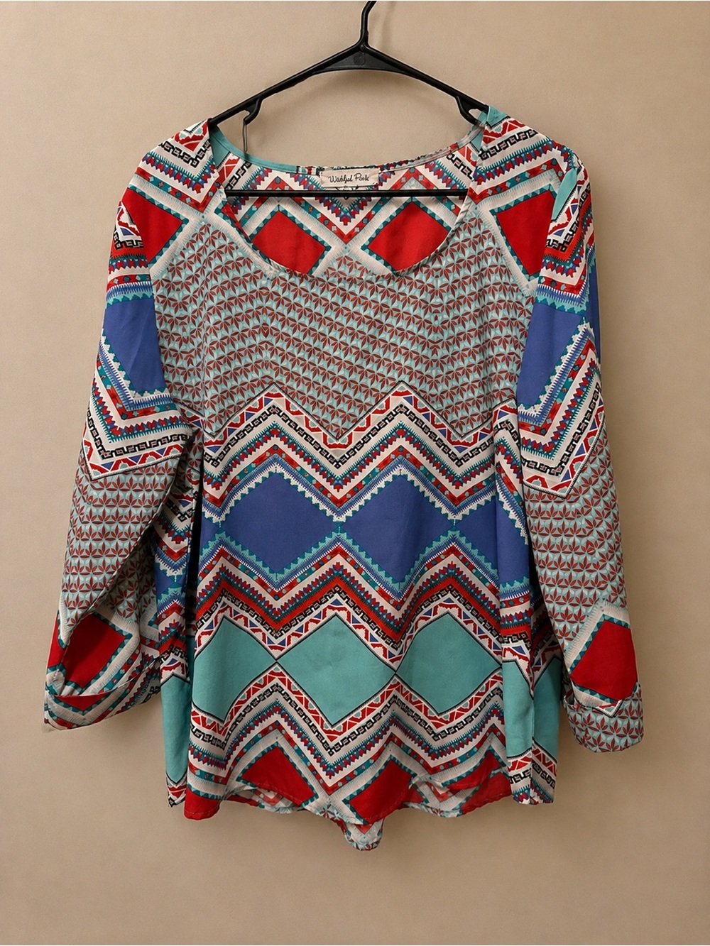 Wishful Park Multicolor Geo-Print Long Sleeve Tunic in Red, Blue & Teal